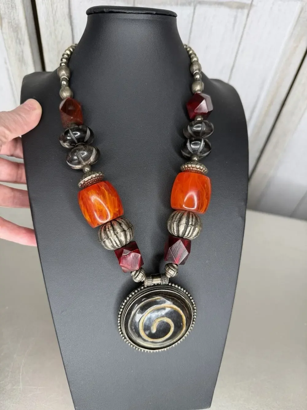 Kasma Necklace Large Chunky Tribal Partial Sterling Spiral pendent Statement